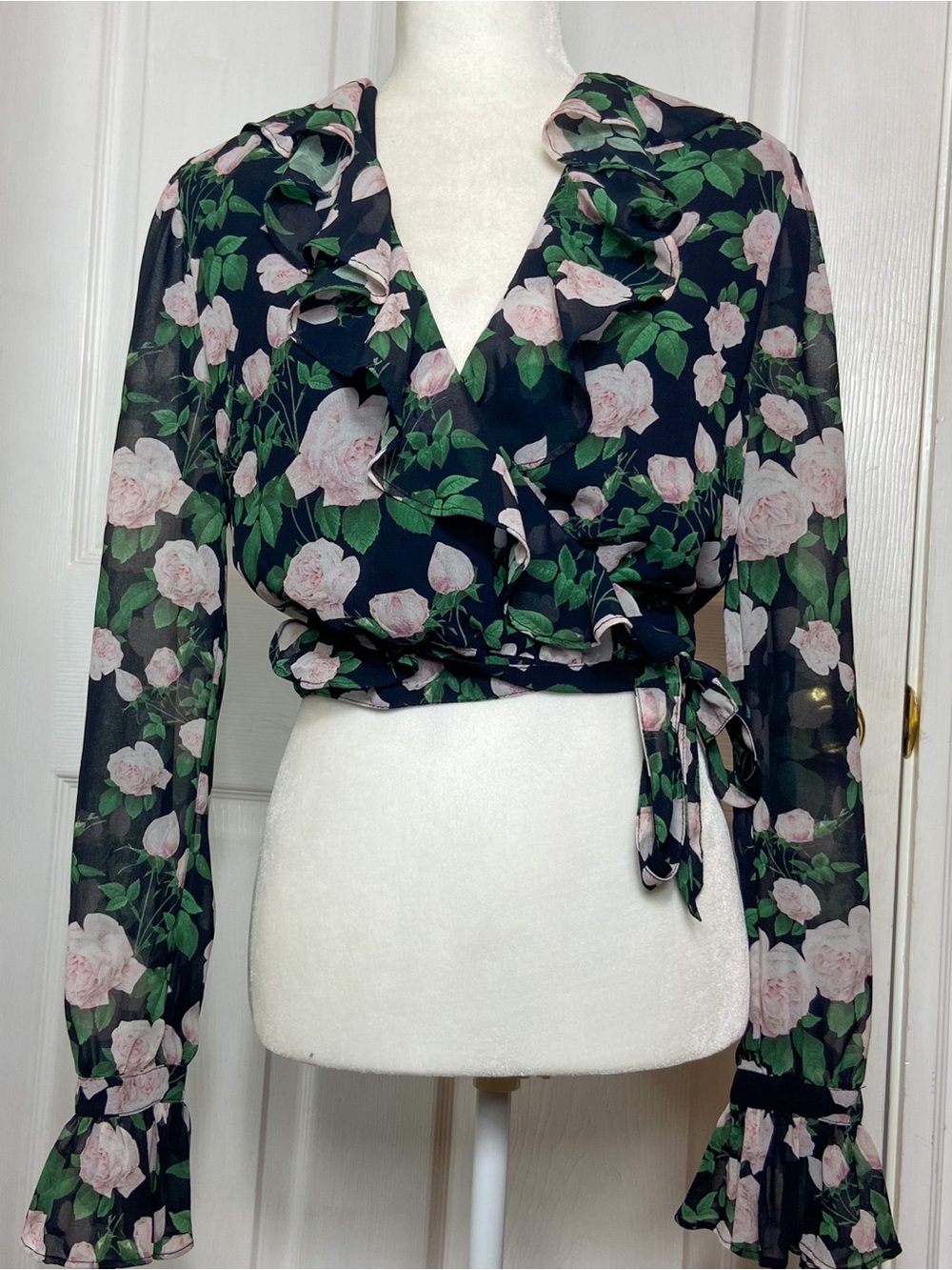 Floral Ruffle Wrap Blouse with Tie Waist
